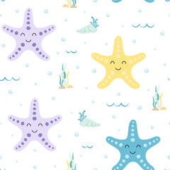 vector seamless pattern with starfishes and seaweed