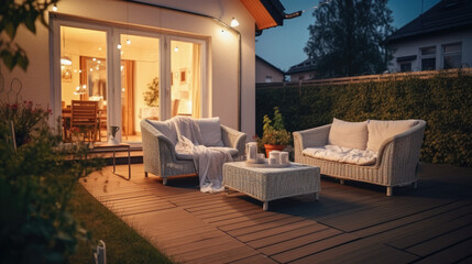 baeautiful terrace of beautiful suburban house 3 with patio , wicker furniture and lights, Summer evening concept