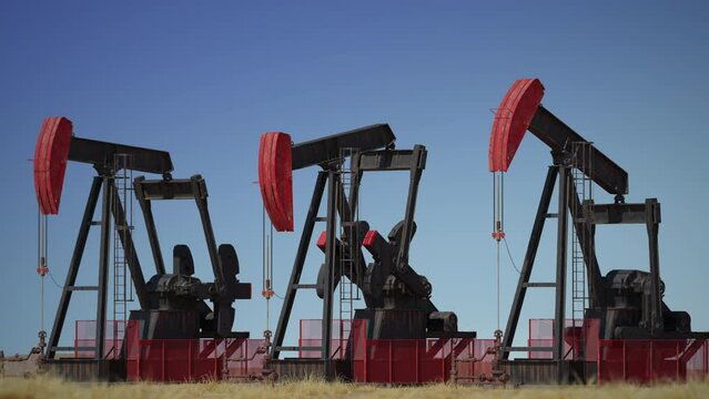 Oil rigs or pumps. Industrial construction ground drilling equipment. Pump jack extracting oil from oil well from underground. Fossil fuel, gas, petroleum. Crude oil mining platform. 3D Render concept