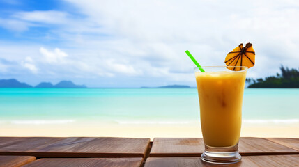 Obraz premium Dirty Banana cocktail on background with blue sea and sky tropical background. Generative AI