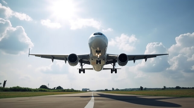 plane taking off from airport runways for traveling and transport business. Generative AI