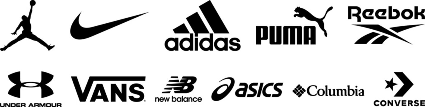 Sportswear shoe brands black logo set. Air Jordan, Nike, Adidas, Puma, Reebok, Under Armour, Vans, New Balance, Asics, Columbia, Converse. Vector editorial illustration