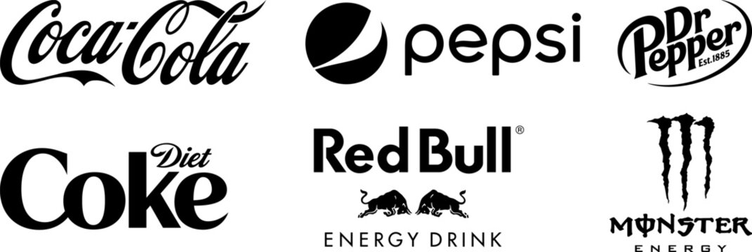 Coca Cola black logo set. Pepsi, Dr Pepper, Diet Coke, Red Bull, Monster Energy drinks. Vector editorial illustration