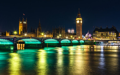 Night in London, Big Ben and Palace of Westminster over River Thames, London, England