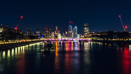 Fototapeta na wymiar Night in London, Lambeth Bridge ane Skyscrapers over River Thames, London, England