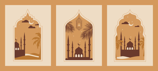 Set of Oriental style Islamic window, arch with lantern, mosque, palms and stars. For islamic holiday. Ramadan traditions. Eid-al-Fitr greeting - obrazy, fototapety, plakaty