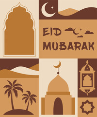 Ramadan Kareem. Islamic greeting motifs poster in modern geometric mosaic abstract style. Eid Mubarak. For Holiday covers, posters, banners, card. Arch, lantern, moon, mosque, palms and stars