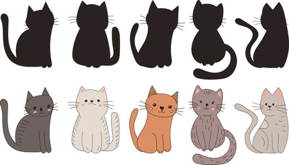 set of cartoon cats with silhouette on white background, vector