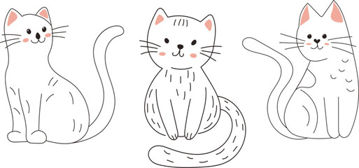 cute cats, outline in doodle style on a white background, vector