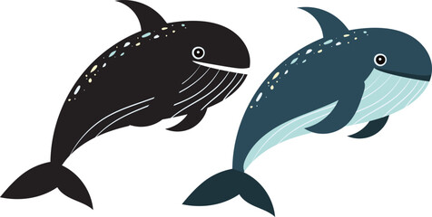 blue whale with silhouette on white background, vector