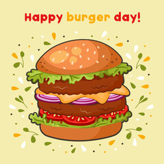 МакетиHappy burger day poster. Hamburger illustration in cartoon style. Perfect for fast food restaurants. Vector.