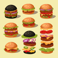 National Hamburger Day poster. Different hamburgers in cartoon style. Perfect for fast food restaurants. Vector.