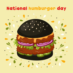 National Hamburger Day poster. Hamburger in cartoon style. Perfect for fast food restaurants. Vector.