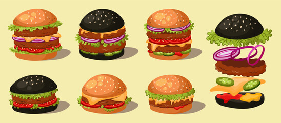 МакетиSet of different hamburgers in cartoon style. Perfect for fast food delivery menus, stickers, and cafe posters.