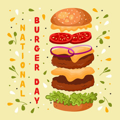 National Hamburger Day poster. Hamburger in cartoon style. Perfect for fast food restaurants. Vector.