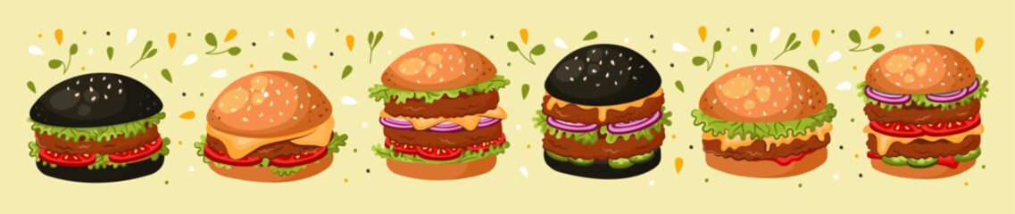 Set of different hamburgers in cartoon style. Perfect for fast food delivery menus, stickers, and cafe posters.
