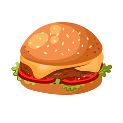 Cheeseburger illustration in cartoon style. Perfect for fast food delivery menus and cafe posters. Transparent PNG.