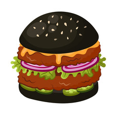 Hamburger illustration in cartoon style. Perfect for fast food delivery menus and cafe posters. Transparent PNG.