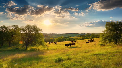 Fototapeta premium Afternoon Bliss in a Colorful Green Field with Animals and Vibrant Grass. Generative AI