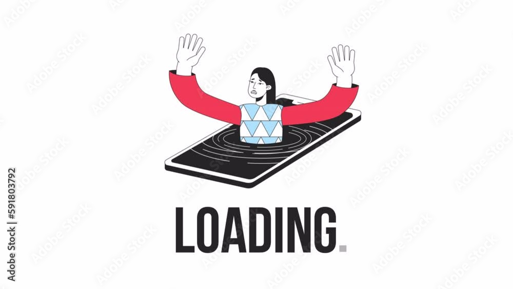 Poster digital addiction loader animation. girl drowning in phone. flash message 4k video footage. isolated