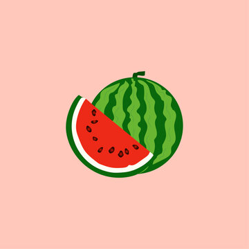 Fresh green watermelon with slices vector design watermelon fruit whole and slice icon cartoon clipart illustrations.