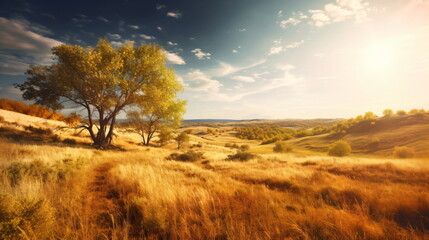 Fototapeta premium Afternoon in Green Field with Animals, Tranquil Landscape, Dry and Green Grass. Generative AI