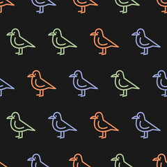 Black seamless pattern with colorful outline bird