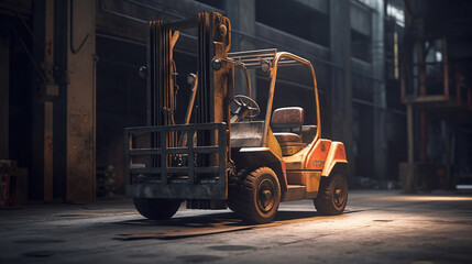 Fototapeta na wymiar Forklift standing on industrial dirty concrete wall background. Generative AI