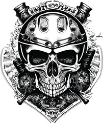 Artwork illustration and t-shirt design skull motorcycle engraving ornament on white background