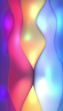 Abstract 3D loop background. Squishy vertical waves in cyan, blue, purple, pink, red, orange, yellow, white. Vertical format.