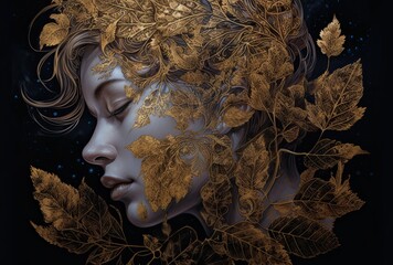 A digital painting, showing a woman's head covered with leaves,  golden palette, nature based pattern. Generative AI