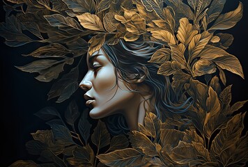 A digital painting, showing a woman's head covered with leaves,  golden palette, nature based pattern. Generative AI