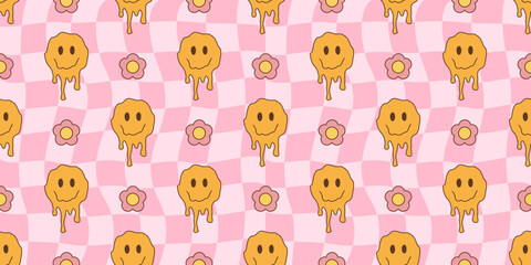 Melted smiley faces and flowers, groovy seamless pattern. Retro hippie psychedelic style vector wallpaper in 60s, 70s, 80s
