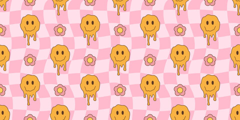 Obraz premium Melted smiley faces and flowers, groovy seamless pattern. Retro hippie psychedelic style vector wallpaper in 60s, 70s, 80s