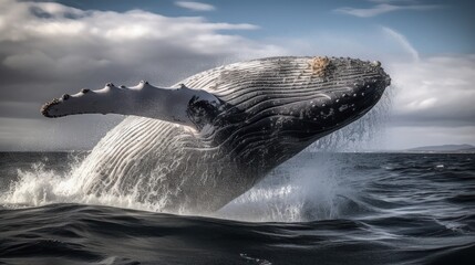 Fototapeta premium Aerial view of a majestic whale breaching in open ocean. Generative AI