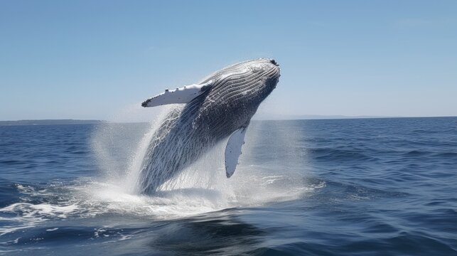 Aerial view of a majestic whale breaching in open ocean. Generative AI