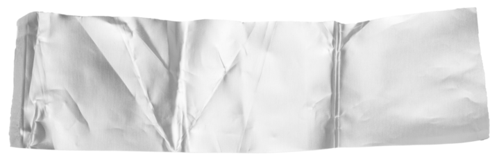 One single piece of cut out crumpled bright shiny metallic aluminium foil, isolated on white or transparent background, flat lay view from above
