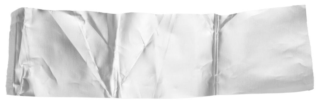 One single piece of cut out crumpled bright shiny metallic aluminium foil, isolated on white or transparent background, flat lay view from above
