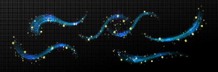 Blue wind air flow magic light wave vector effect. 3d breeze trail with yellow star spark stream isolated curve. Abstract graphic frosty shine wizard glitter dust powder with fragrance swoosh line.