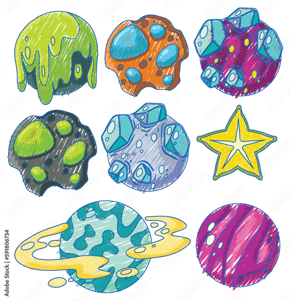 Sticker Space Objects in Pencil Colour Sketch Simple Style