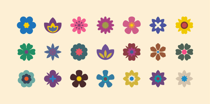 Groovy flower. Flat flower icons set. Retro 70s vector isolated elements.