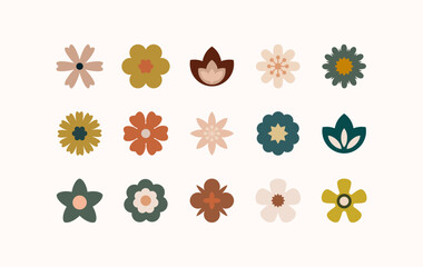 Flat flower color icons set. Simple flower silhouette.