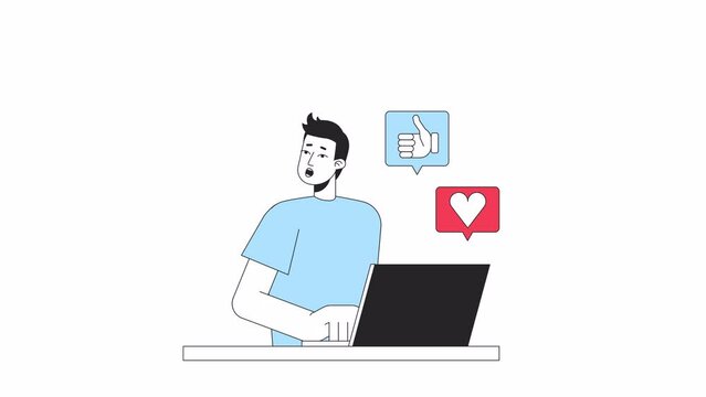 Social media overwhelm animation. Guy looking away from laptop isolated 2D cartoon flat colour line character 4K video footage on white background with alpha channel transparency for web design