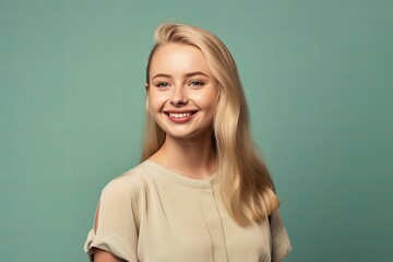 Fototapeta premium Portrait of a happy young blonde woman on pastel background. Ai generative.