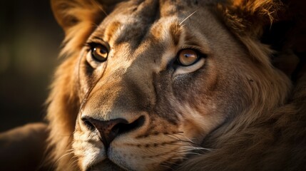 Close-up portrait of a lion's face resting on the African savannah. Generative AI