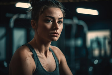 Fototapeta na wymiar Woman trains hard in the gym AI generated art