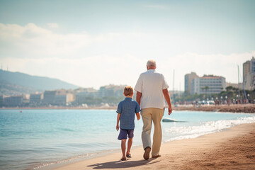 Grandfather and grandson walking on the beach of Barcelona. Back view.