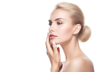 Young beautiful blond woman with perfect skin on white background. Cosmetology, beauty and spa concept. Ai generative.