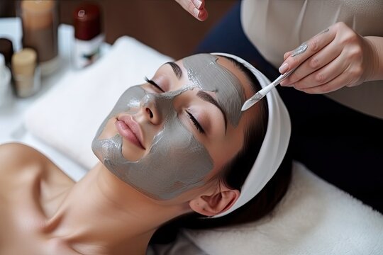Applying a hydrating mud mask to the face in a beauty salon. Ai generative.