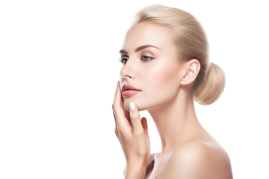 Young beautiful blond woman with perfect skin on white background. Cosmetology, beauty and spa concept. Ai generative.